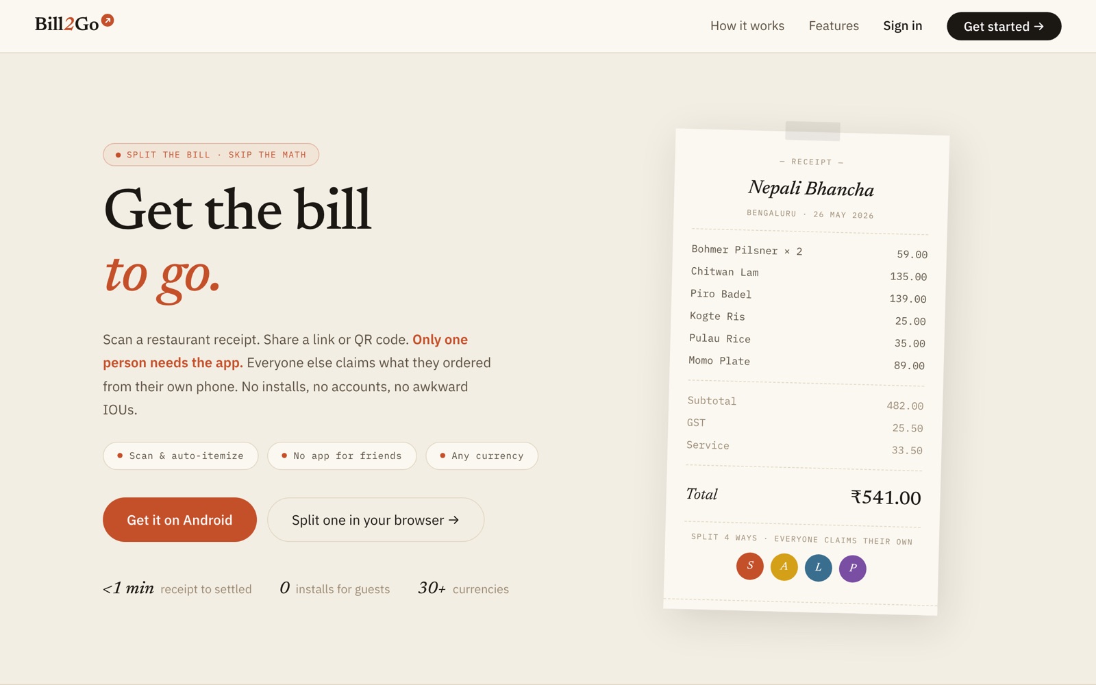 The live bill2go.app landing page, captured from production